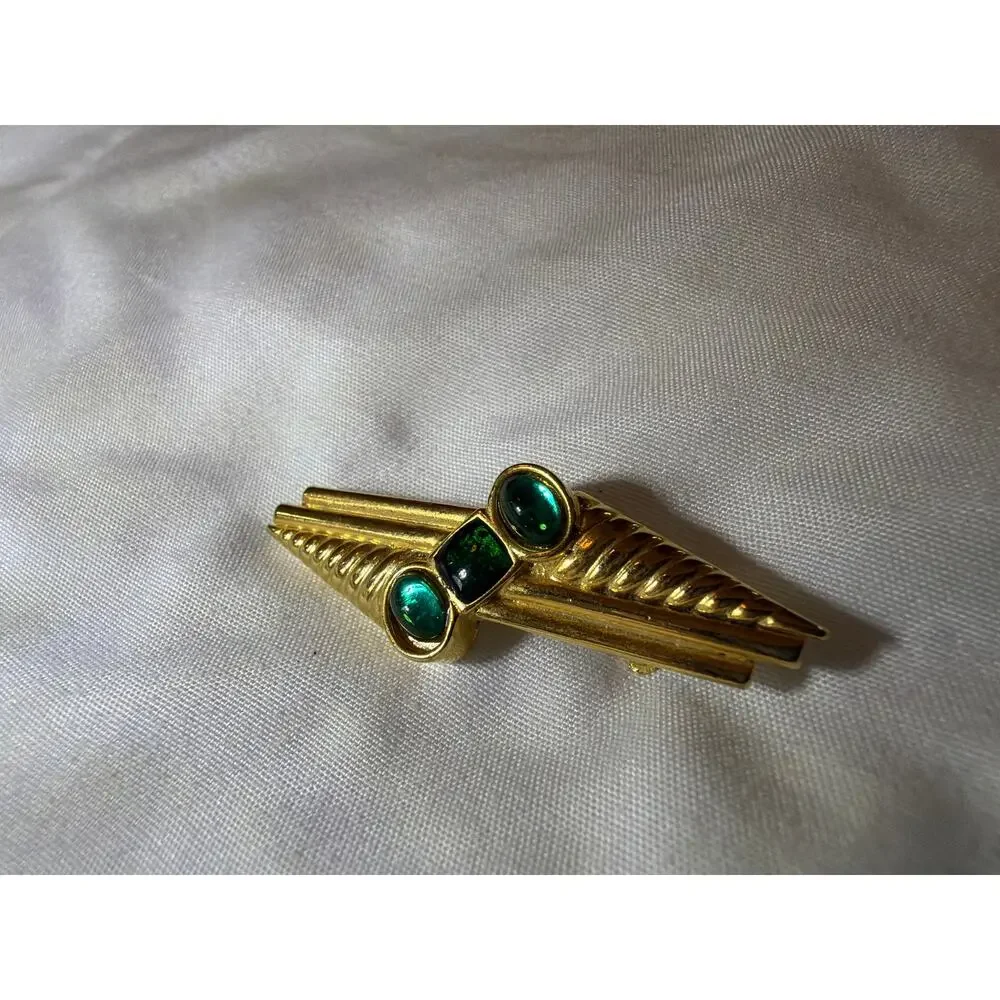 Vintage Gold Tone Green Cabochon Art Deco Modernist Brooch Geometric Pin
